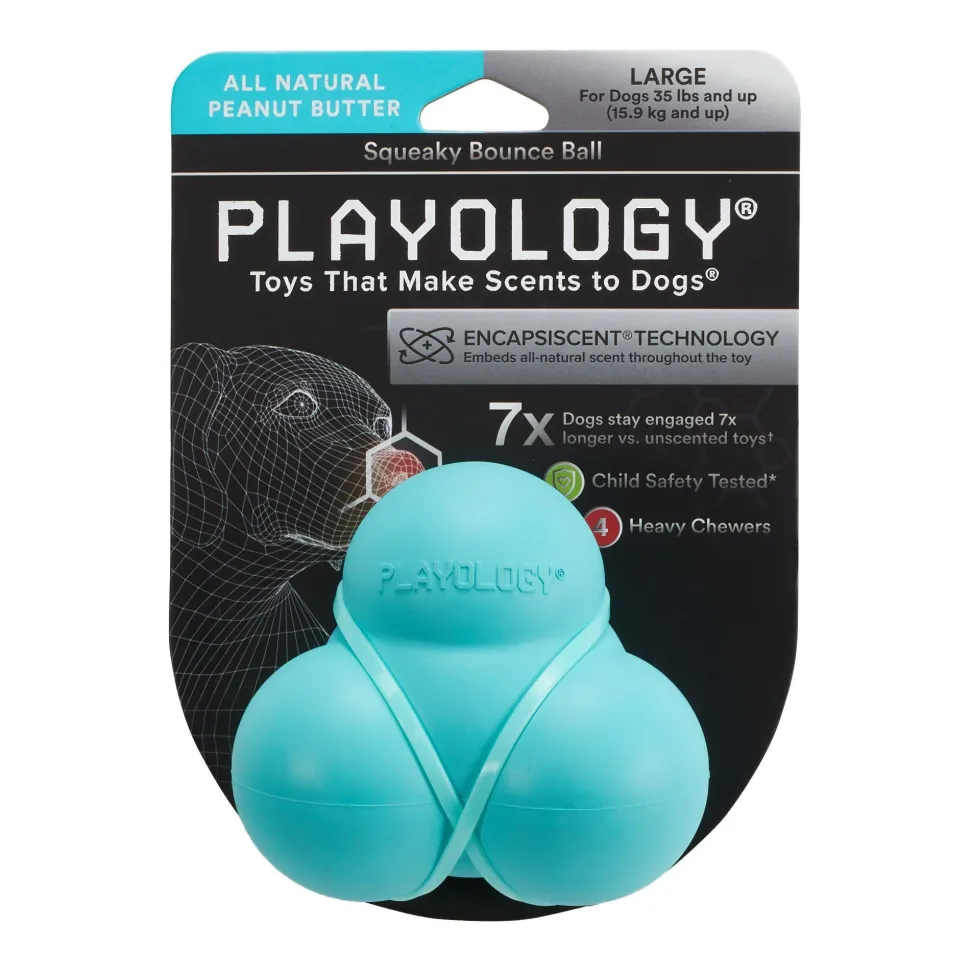 Playology Peanut Butter Scented Bouncy Ball Rubber Dog Toy with Encapsiscent Technology - Large