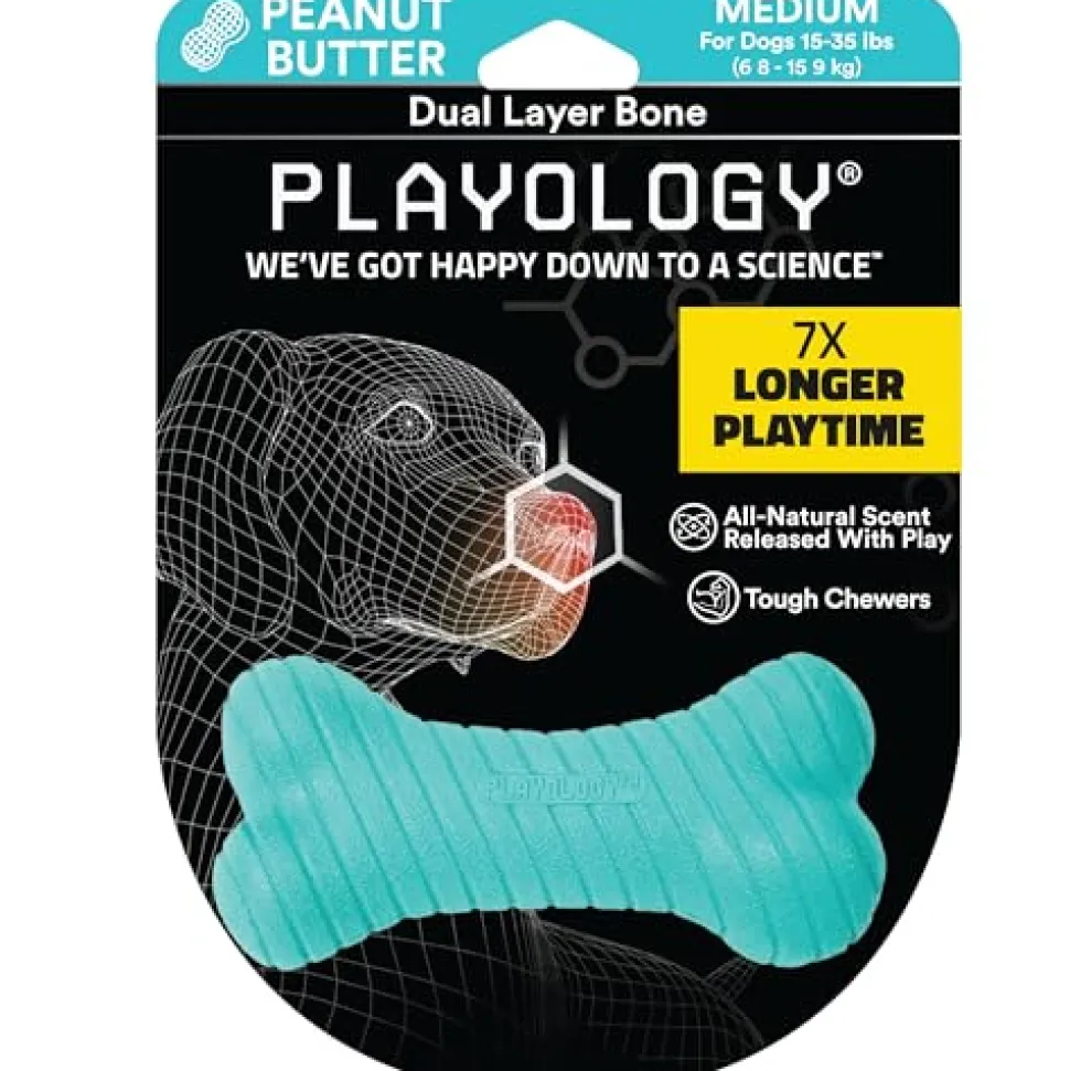 Playology Peanut Butter Scented Dual Layered Bone Rubber Dog Toy with Encapsiscent Technology - Medium