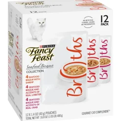Purina Fancy Feast Broths Seafood Bisque Small-Breed Wet Cat Food or Topper Pouch - Variety Pack - 1.4 Oz - Case of 12 - 3 Pack