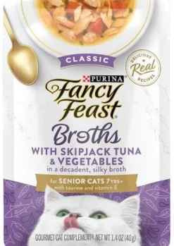 Purina Fancy Feast Broths Classic Skipjack Tuna and Veggie Senior Cat Wet Cat Food or Topper Pouch - 1.4 Oz - Case of 16