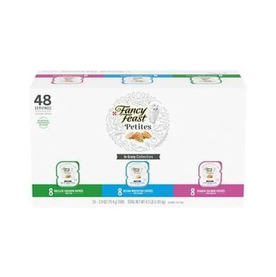 Purina Fancy Feast Petites Grilled Chicken Whitefish and Salmon Entrée in Gravy Wet Cat Food Trays - Variety Pack - 2.8 Oz - 12 Count