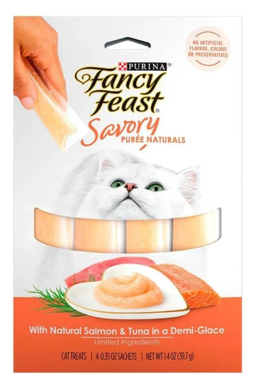 Purina Fancy Feast Savory Puree Naturals Salmon and Tuna Squeezable Tubes Cat Treats - 1.4 Oz - Case of 30
