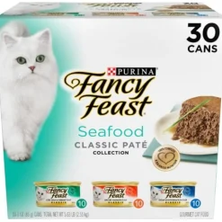 Purina Fancy Feast Seafood Collection Cod Salmon Tuna Shrimp and Whitefish Pate Canned Cat Food - Variety Pack - 3 Oz - 30 Count