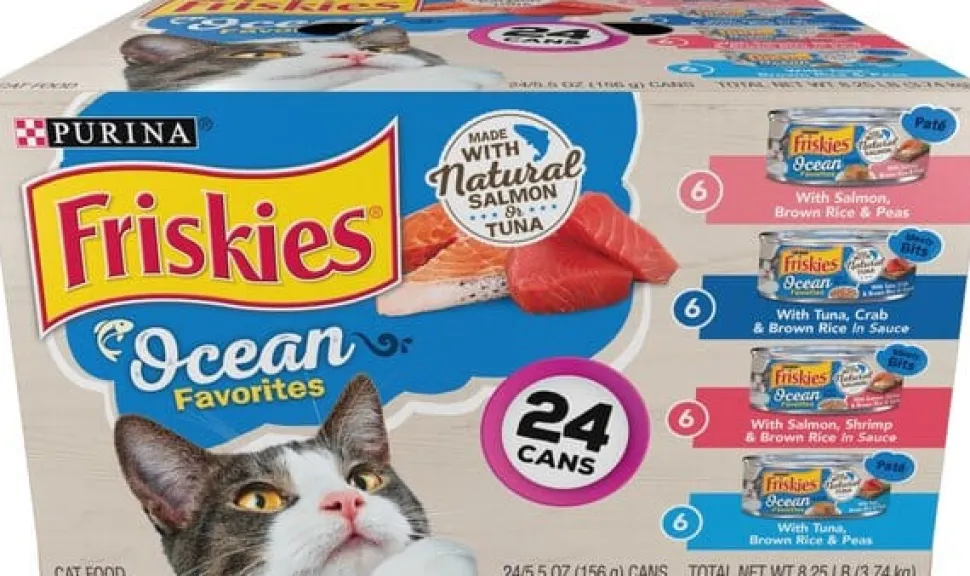 Purina Friskies Ocean Favorites Meaty Bits and Pate Salmon Tuna Seafood and Peas Canned Cat Food - Variety Pack - 5.5 Oz - 24 Count