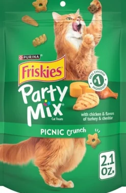 Purina Friskies Party Mix Picnic Chicken Turkey and Chedder Cheese Crunchy Cat Treats - 2.1 Oz - Case of 10