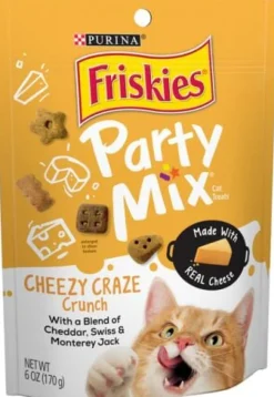 Purina Friskies Party Mix Cheesey Craze Chedder Swiss and Monterey Jack Crunchy Cat Treats - 6 Oz - Case of 6