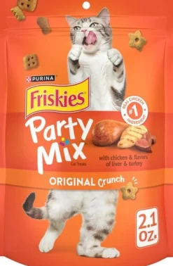 Purina Friskies Party Mix Original Chicken Liver and Turkey Crunchy Cat Treats - 2.1 Oz - Case of 10