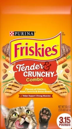 Purina Friskies Tender and Crunchy Chicken Beef Carrots and Beans Dry Cat Food - 3.15 Lbs - Case of 4