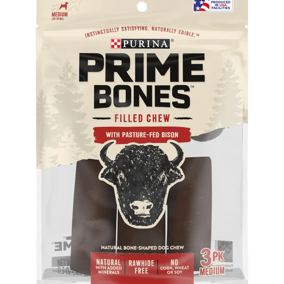 Purina Prime Bone Grass-Fed Bison Femur Bones Natural Hard Chew Dog Treats - Medium - 11.3 Oz - Case of 4