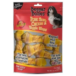 Savory Prime Beggar Bones Pork Skin, Chicken & Veggie Wraps Dog Treats - Medium - 6 Pack