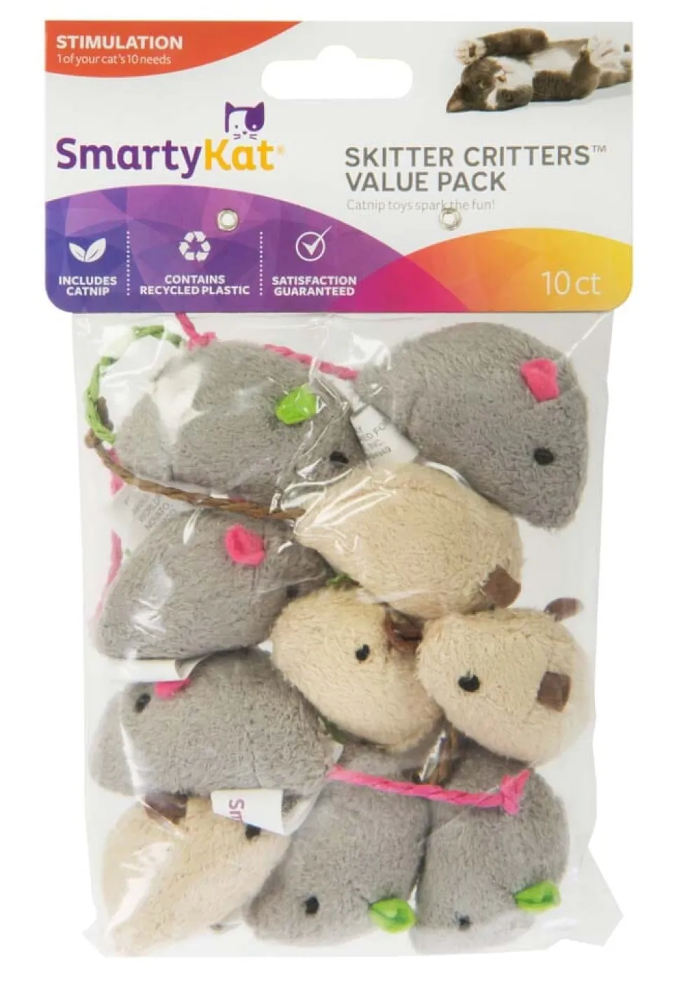 SmartyKat Skitter Critters Mice Catnip Toy - Grey and Tan - 10 Count - Value Pack
