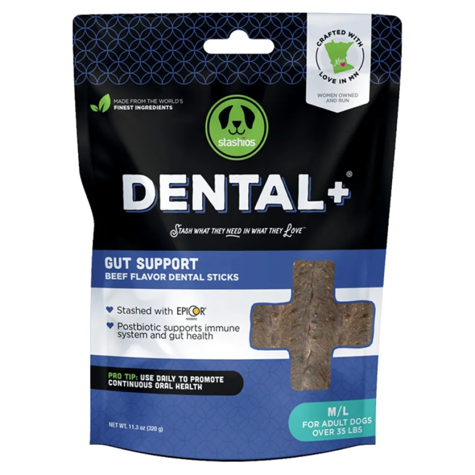 Stashios Dental+ Sticks with Gut Support Beef Broth Dog Dental Chews - Dogs Over 35 Lbs - Medium/Large - 11.3 Oz