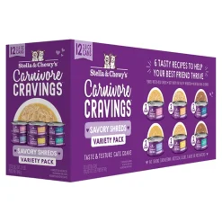 Stella & Chewy's Carnivore Cravings Savory Shreds Chicken Tuna Salmon Beef Turkey Canned Cat Food - Variety Pack - 2.8 Oz - Case of 24
