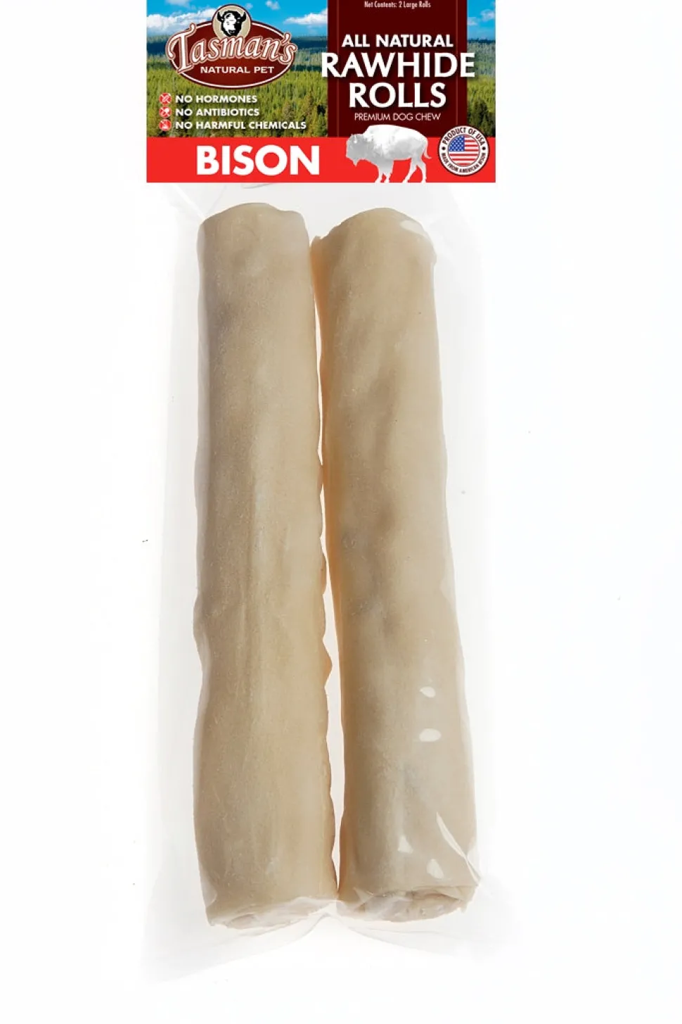 Tasman's Natural Pet Bison Rawhide 9" - 10" Large Rolls Dog Natural Chews - 2 Pack