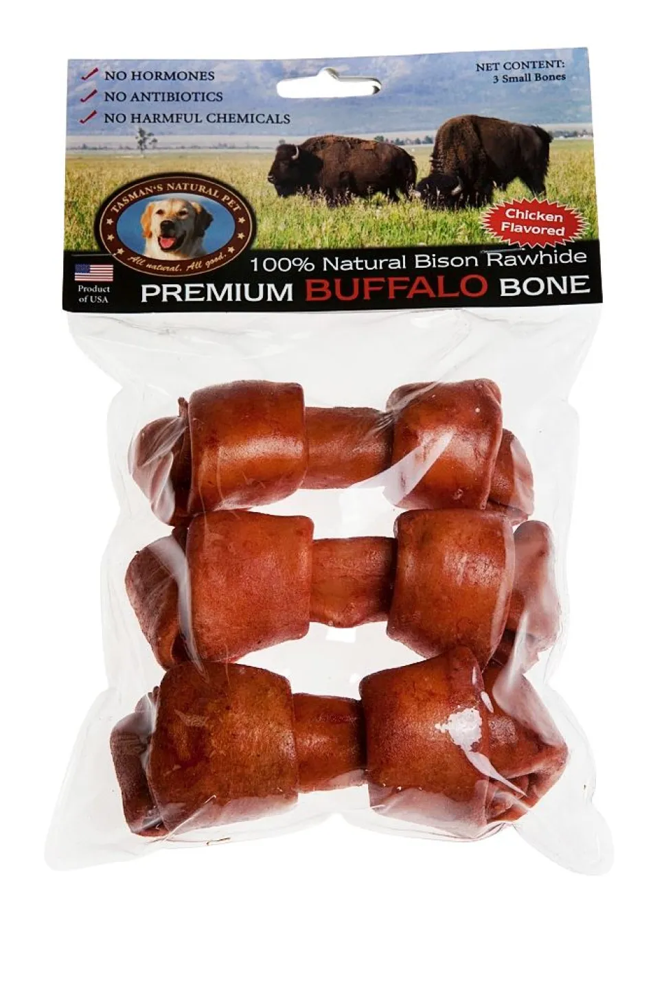 Tasman's Natural Pet Bison Rawhide Bisonhide Chicken Small Bone Dog Natural Chews - 3 Pack