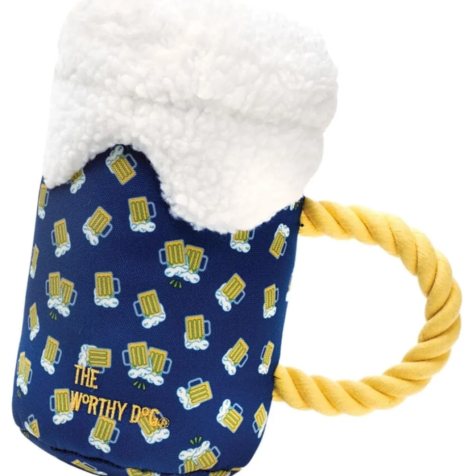 The Worthy Dog Cheers Beer Mug Squeak and Chew Nylon and Rope Plush Dog Toy