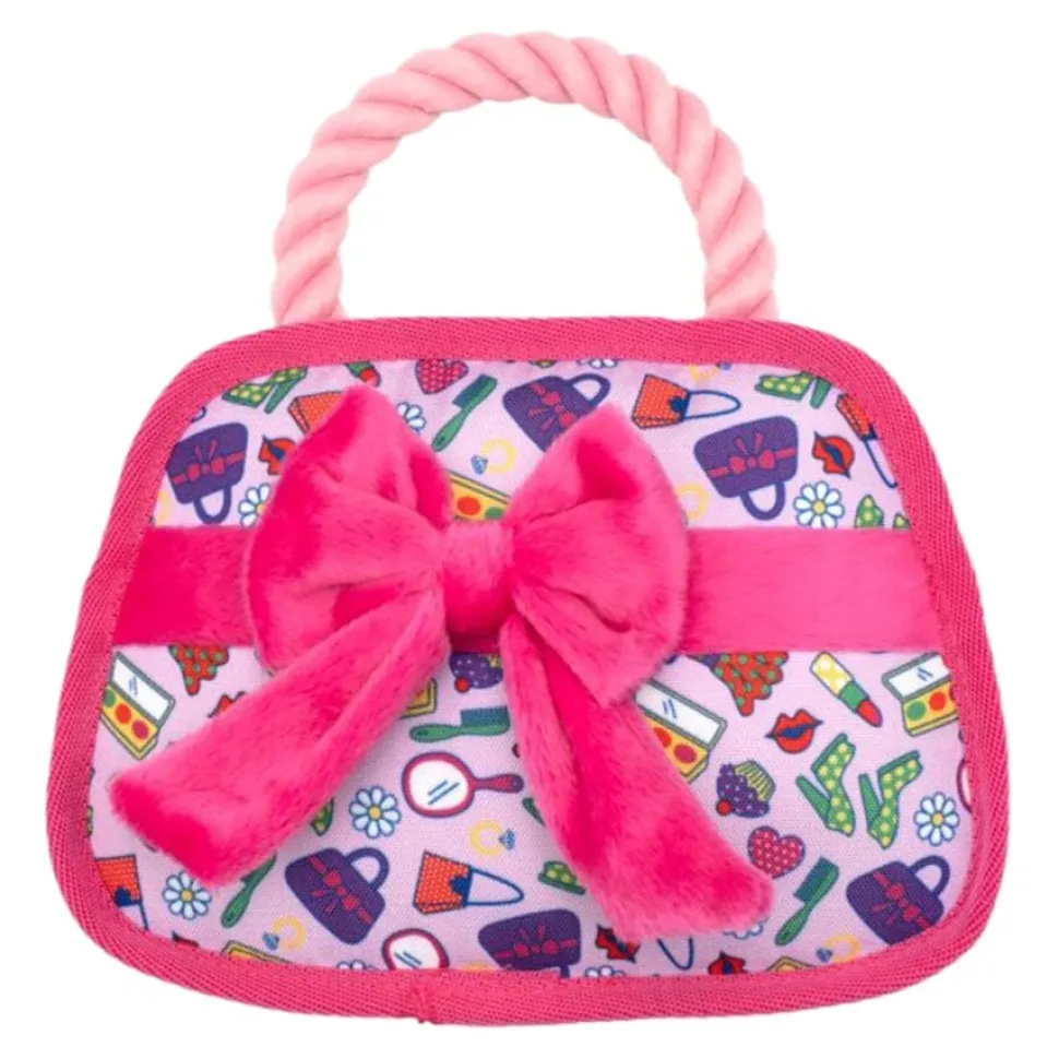 The Worthy Dog Fashionista Purse Patterned Squeak Rope and Nylon Plush Dog Toy