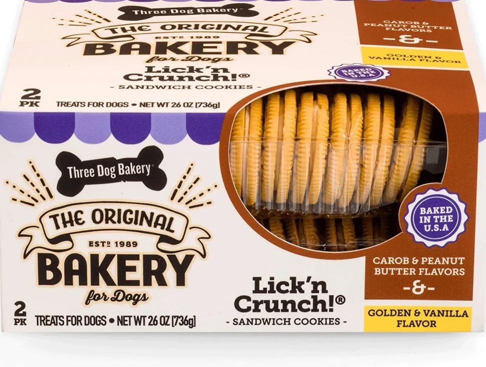 Three Dog Bakery Lick'N Crunch Sandwich Cookies Variety Pack Dog Biscuits Treats - Vanilla/Pb/Caro - 26 Oz - 4 Pack