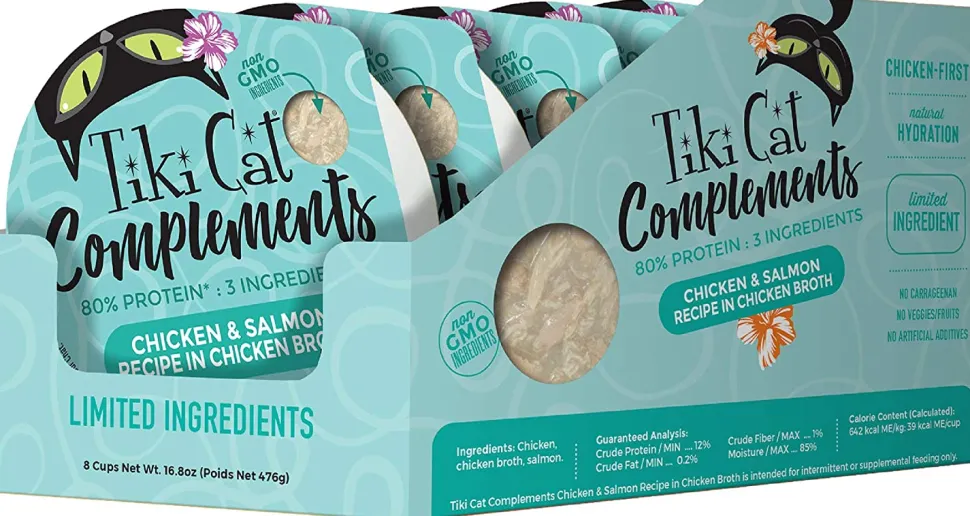 Tiki Cat Complements Chicken & Salmon Cat Food Toppers and Crunchers - 2.1 oz Cups - Case of 8