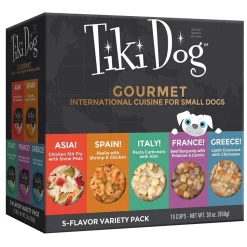 Tiki Dog Petites™ Gourmet International Variety Pack Prepared Dog Food - Mediterranean Spanish Italian French & Asian 3 oz Cups - Case of 10