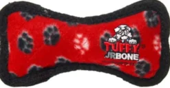 Tuffy's Junior Paw-Patterned Bone Float and Squeak Nylon and Plush Fetch Dog Toy - Red - Small