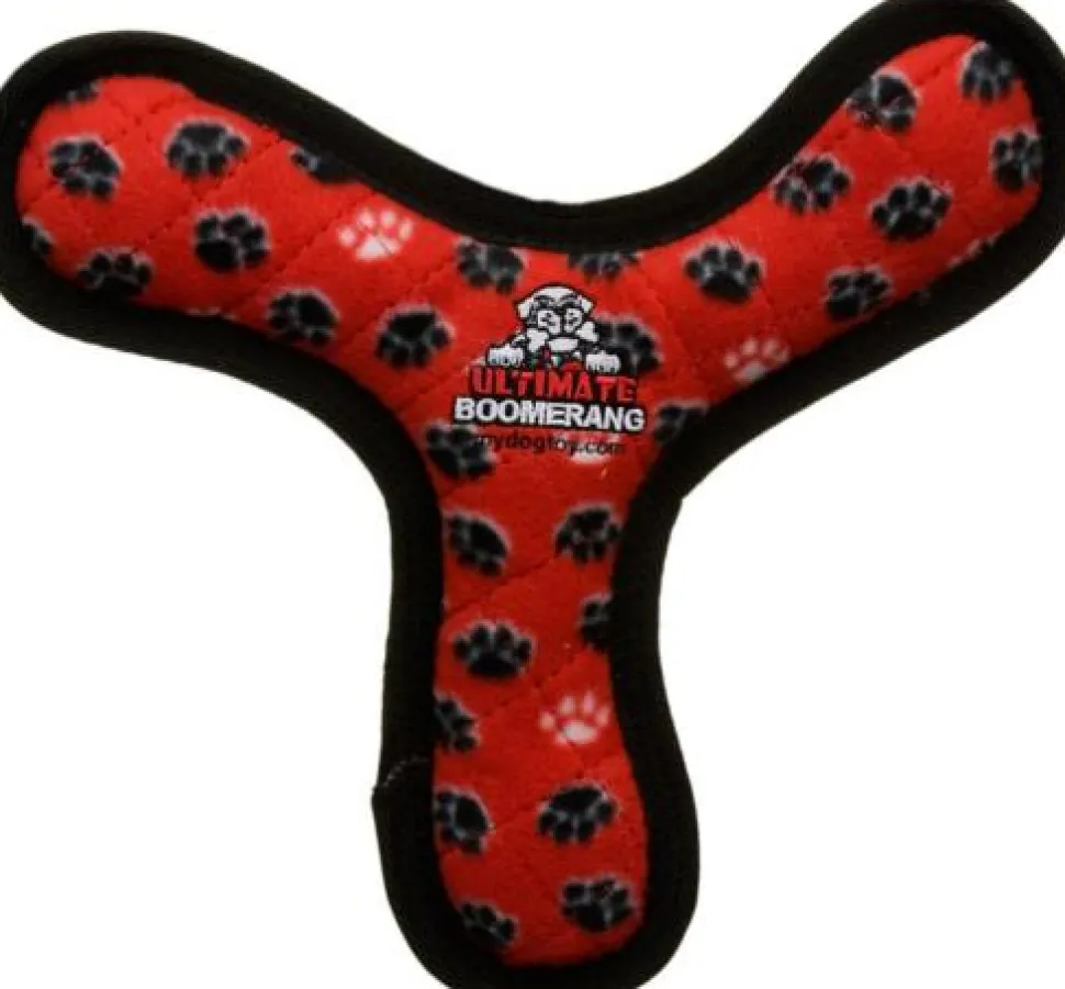 Tuffy's Ultimate Boomerang Paw-Patterned Float and Squeak Nylon and Plush Fetch Dog Toy - Red
