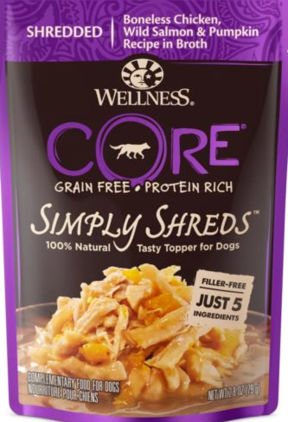 Wellness Core Bowl Boosters Simply Shreds Grain-Free Boneless Chicken Salmon and Pumpkin Wet Dog Food Topper Pouch - 2.8 Oz - Case of 12