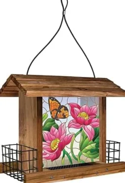 Wild Wings Stained Glass and Wooden Hopper Wild Bird Feeder Feeder with Suet Cages - Brown - 3.1 Qt Cap