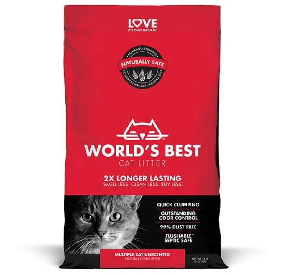 World's Best Cat Litter Corn Clumping Unscented Multi-Cat Litter - 15 Lbs - Case of 3