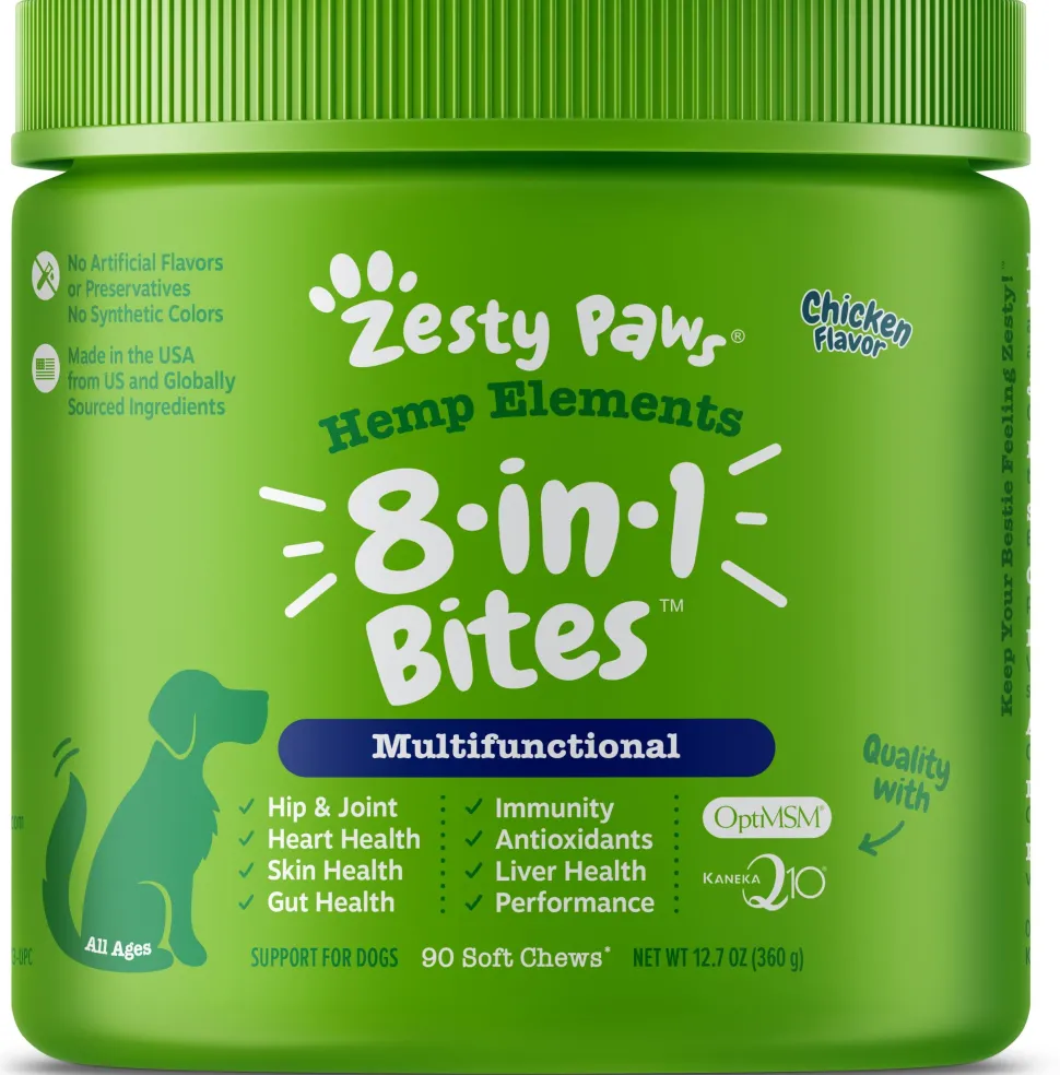Zesty Paws Hemp Elements 8-in-1 Multifunctional Bites Chicken Flavor Soft Chew Dog Supplements - 90 Count