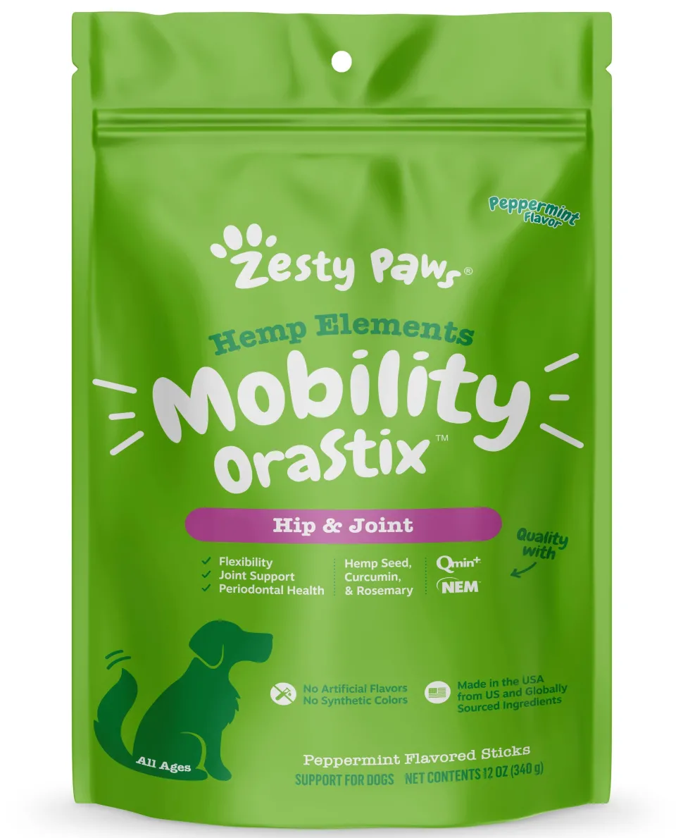Zesty Paws Hemp Elements Mobility Hip and Joint OraStix Peppermint Flavor Dental Dog Treats - 12 Oz