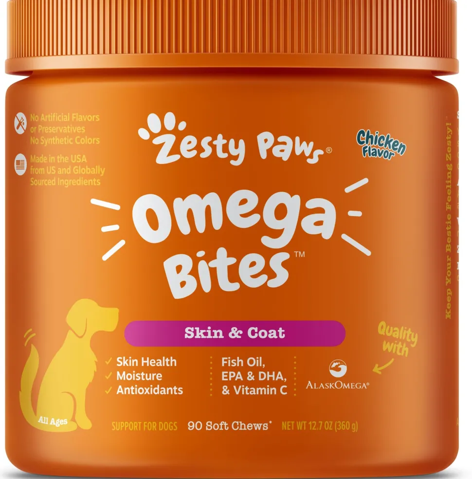 Zesty Paws Omega Bites For Skin & Coat Support Chicken Flavor with Alaskan Fish Oil Soft Chews for Dogs