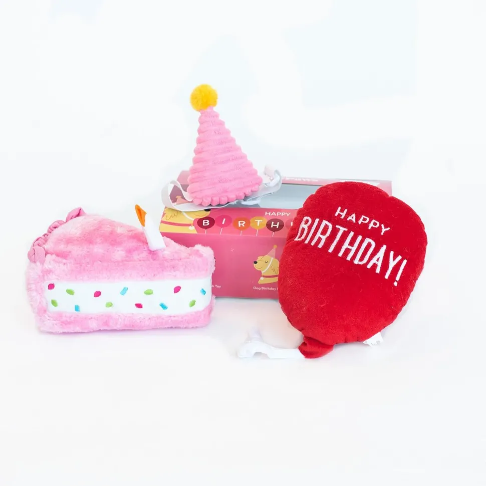 Zippy Paws Birthday Box Display Plush Dog Toy Set - Pink - 3 Piece