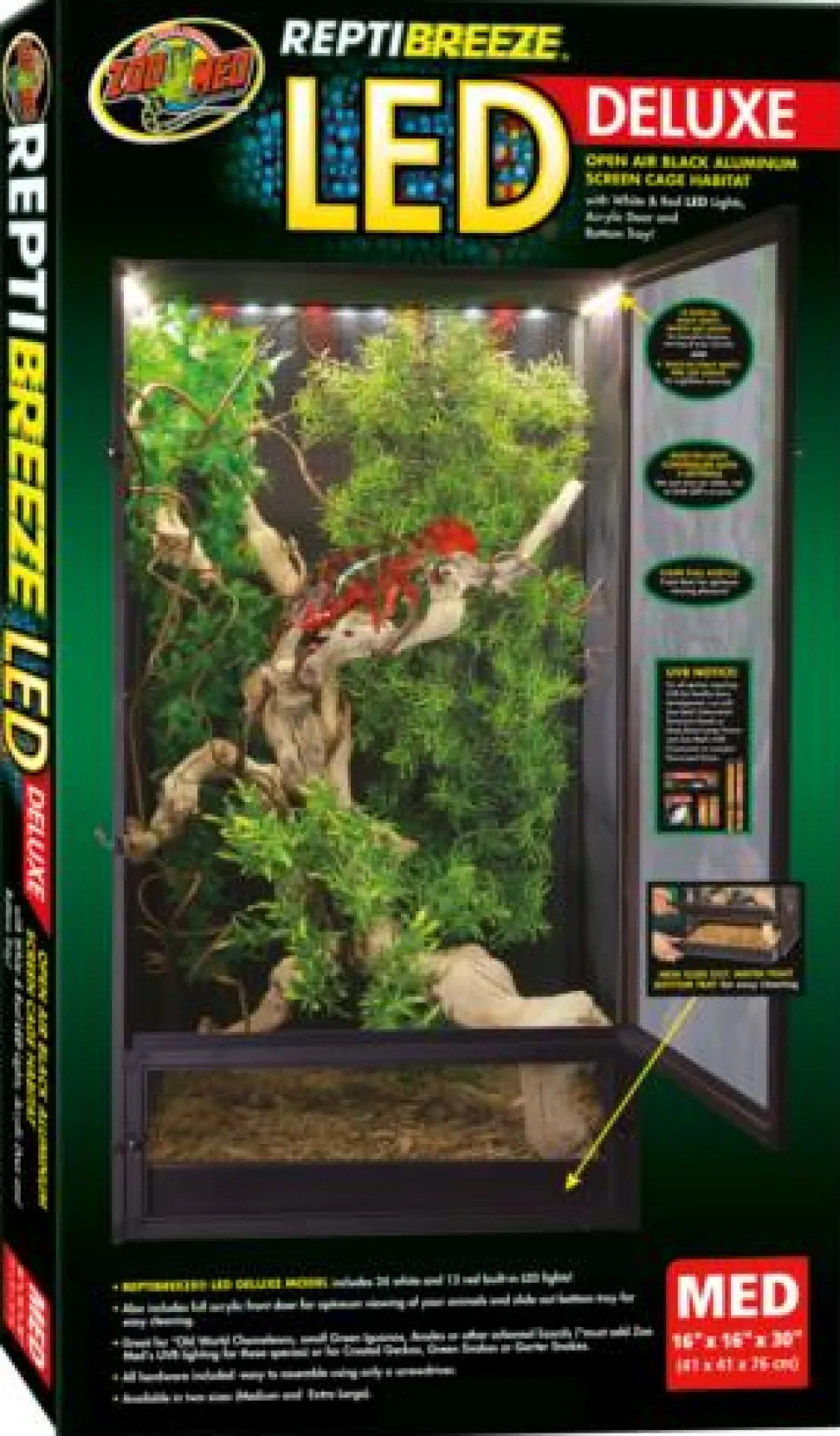 Zoo Med Laboratories ReptiBreeze LED Deluxe Reptile Cage with Open-Air Aluminum Screen - Medium - L:16" X W:16" X H:30" Inches